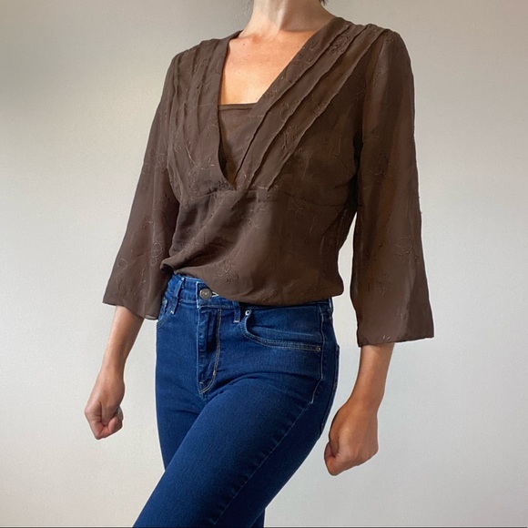 Bohemian Brown Embroidered Chiffon 3/4 Sleeve Top - Picture 1 of 14